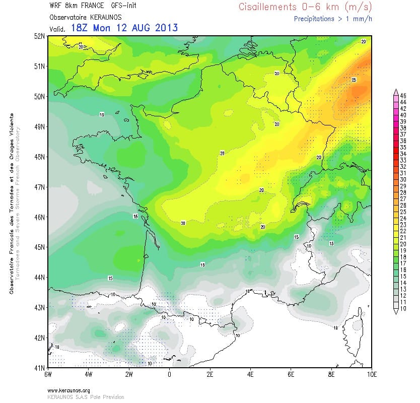 Cisailements 0-6 km prévus par le modèle WRF 8 km FRANCE pour le 12 août 2013 à 20h locales. (c) KERAUNOS Cisailements 0-6 km prévus par le modèle WRF 8 km FRANCE pour le 12 août 2013 à 20h locales. (c) KERAUNOS