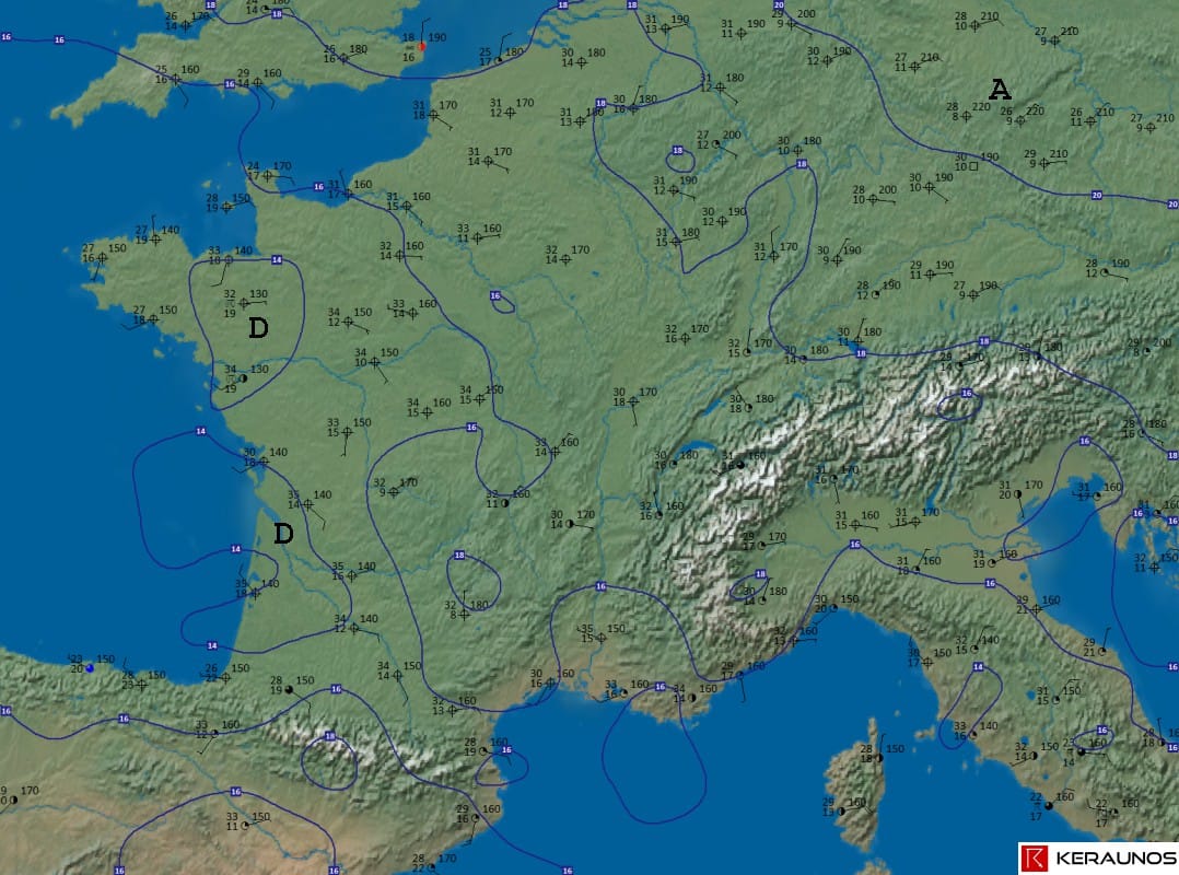 Carte pointée du 21 juillet 2013 à 17h locales (réseau METAR). (c) KERAUNOS Carte pointée du 21 juillet 2013 à 17h locales (réseau METAR). (c) KERAUNOS