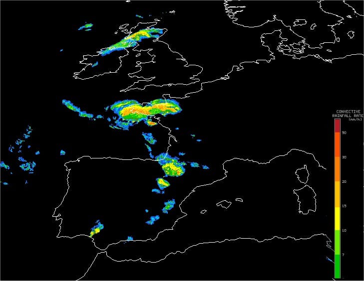Estimation satellite des intensités des précipitations à 7h loc - EUMETSAT SAFNWC Estimation satellite des intensités des précipitations à 7h loc - EUMETSAT SAFNWC