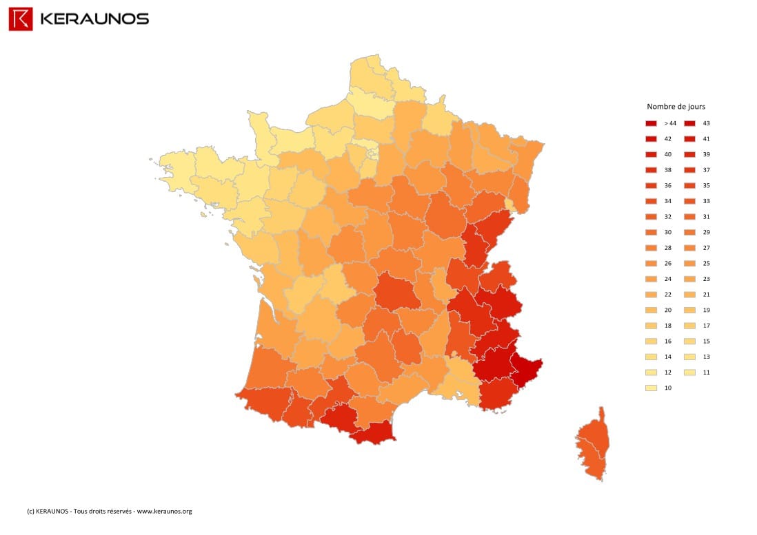 Nombre de jours avec orage durant l'été 2013. (c) KERAUNOS Nombre de jours avec orage durant l'été 2013. (c) KERAUNOS