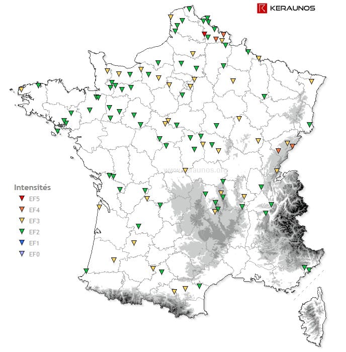 Carte interactive des tornades françaises. (c) KERAUNOS