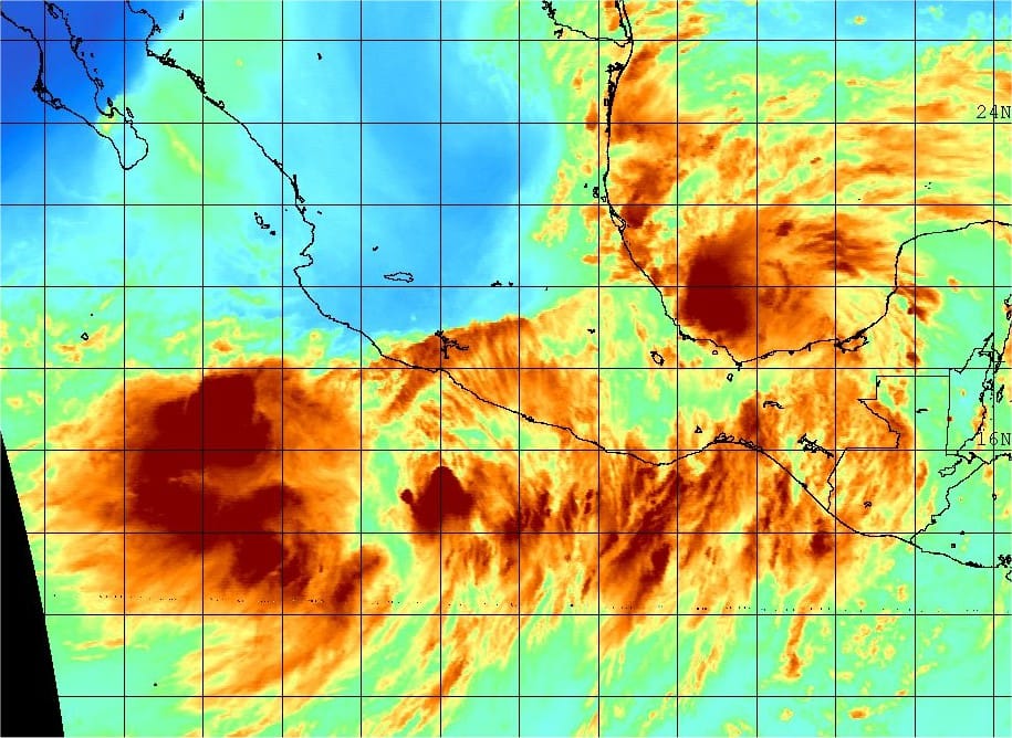 Image satellite vapeur d'eau GOES de 19h45 TU le 13 septembre : Ingrid et Manuel menacent le Mexique