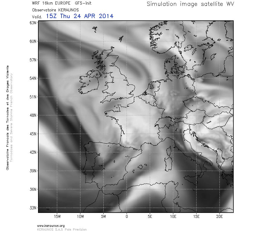 Image satellite vapeur d'eau prévue par WRF 16 km pour 15h TU (WRF 16 km KERAUNOS - run du 24 avril 06z) Image satellite vapeur d'eau prévue par WRF 16 km pour 15h TU (WRF 16 km KERAUNOS - run du 24 avril 06z)