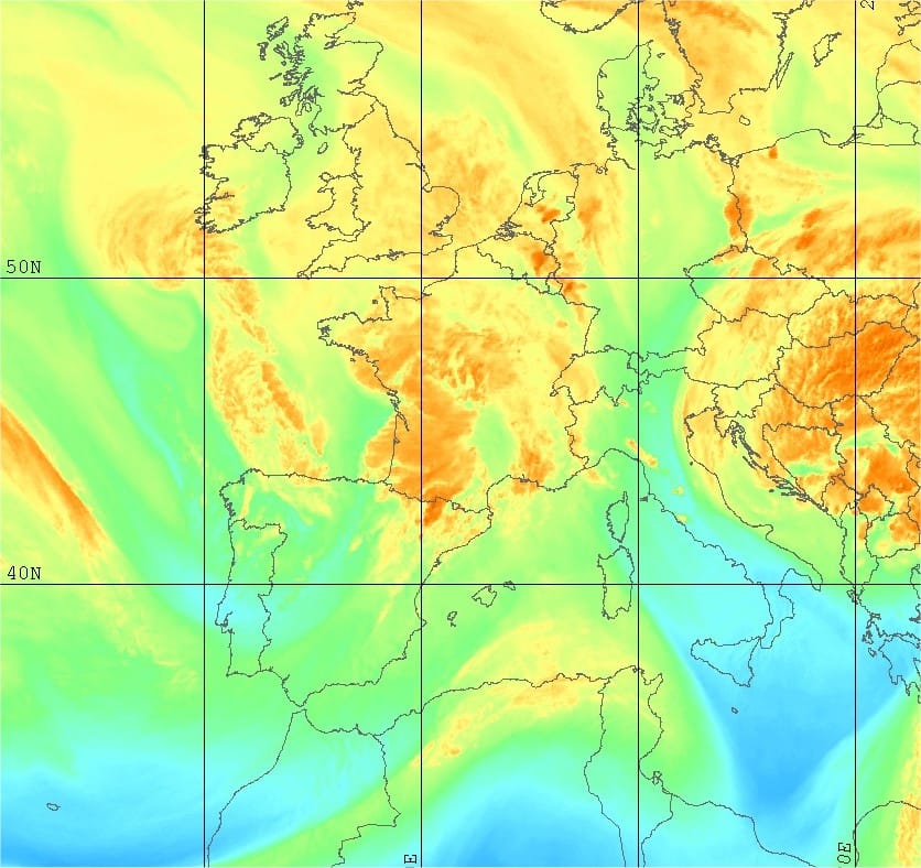Image satellite vapeur d'eau de 15h TU (NRL) Image satellite vapeur d'eau de 15h TU (NRL)