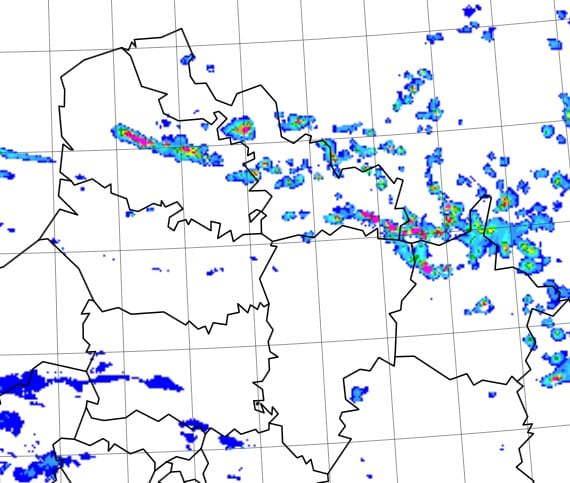 Image radar du 21 avril 2014, à 14h45 locales. (c) Météo France Image radar du 21 avril 2014, à 14h45 locales. (c) Météo France
