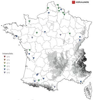 Carte interactive des tornades françaises. (c) KERAUNOS Carte interactive des tornades françaises. (c) KERAUNOS