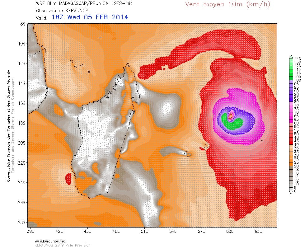Champ de vent à 10 mètres. Modèle WRF 8 km Madagascar/Réunion. (c) KERAUNOS