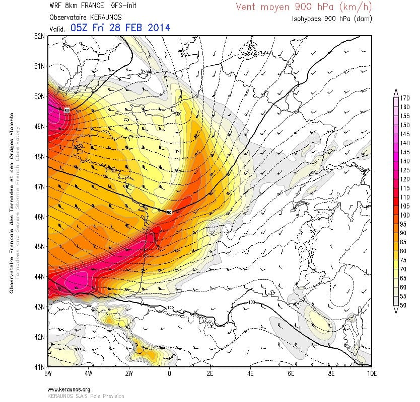 Vent moyen à 900 hPa, le 28 février 2014 à 06h locales. WRF 8 km France. Run du 27.02.2014 18Z. (c) KERAUNOS Vent moyen à 900 hPa, le 28 février 2014 à 06h locales. WRF 8 km France. Run du 27.02.2014 18Z. (c) KERAUNOS