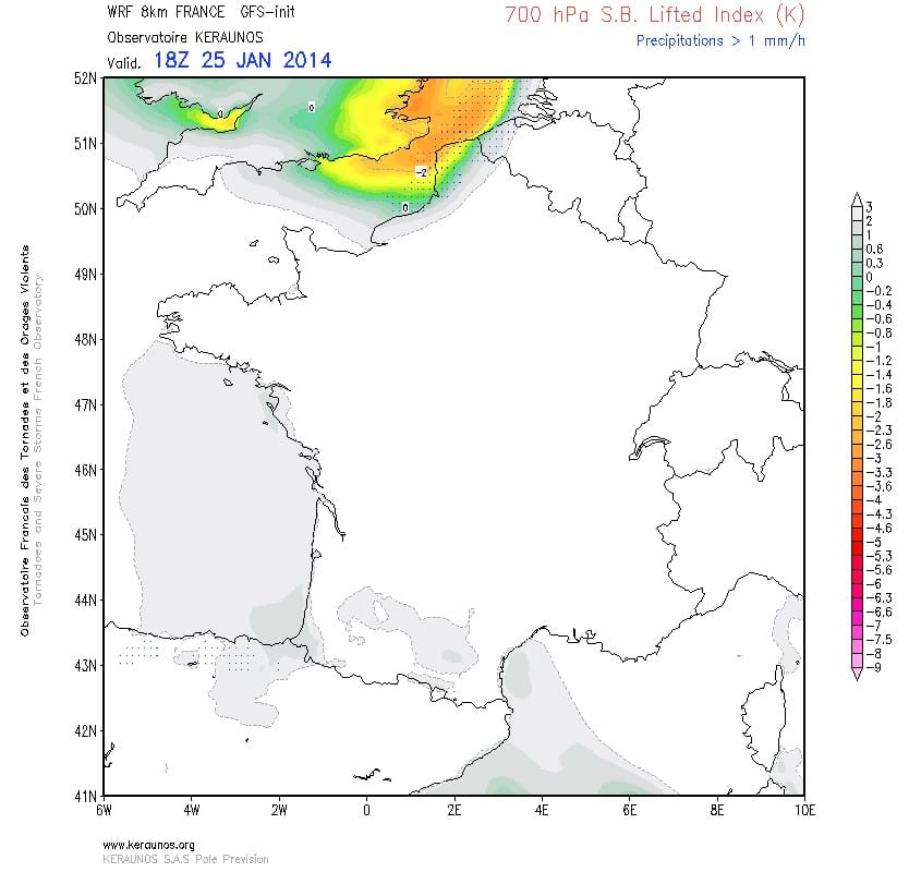 SBLI 700 hPa - Instabilité le 25 janvier à 18h TU - run de WRF 16 km de 6h TU - KERAUNOS SBLI 700 hPa - Instabilité le 25 janvier à 18h TU - run de WRF 16 km de 6h TU - KERAUNOS