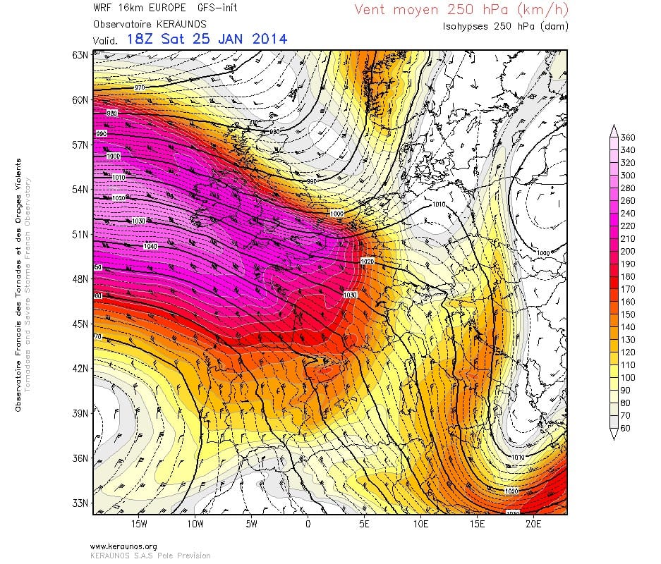 Vent à 250 hPa le 25 janvier à 18h TU - run de WRF 16 km de 6h TU - KERAUNOS Vent à 250 hPa le 25 janvier à 18h TU - run de WRF 16 km de 6h TU - KERAUNOS