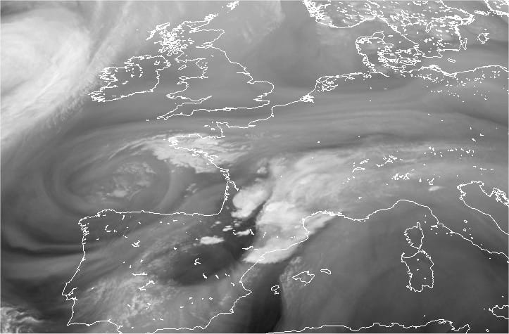 Image satellite vapeur d'eau de 18h TU - EUMETSAT Image satellite vapeur d'eau de 18h TU - EUMETSAT