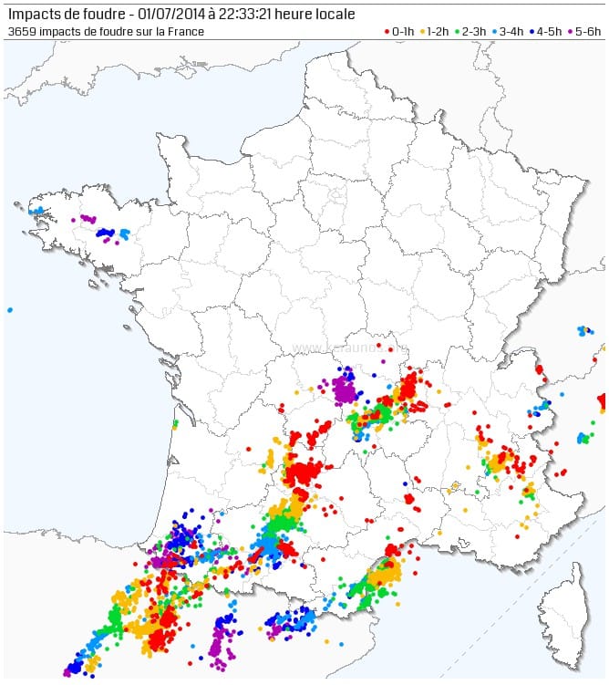 Impacts de foudre relevés entre 16h30 et 22h30 locales ce 1er juillet