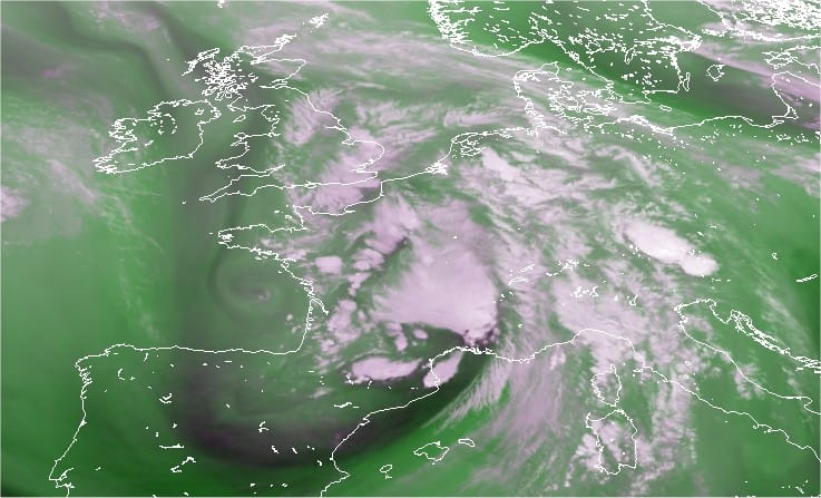 Image satellite canal vapeur d'eau du 20 juillet 2014 à 16h00 locales. (c) Météosat
