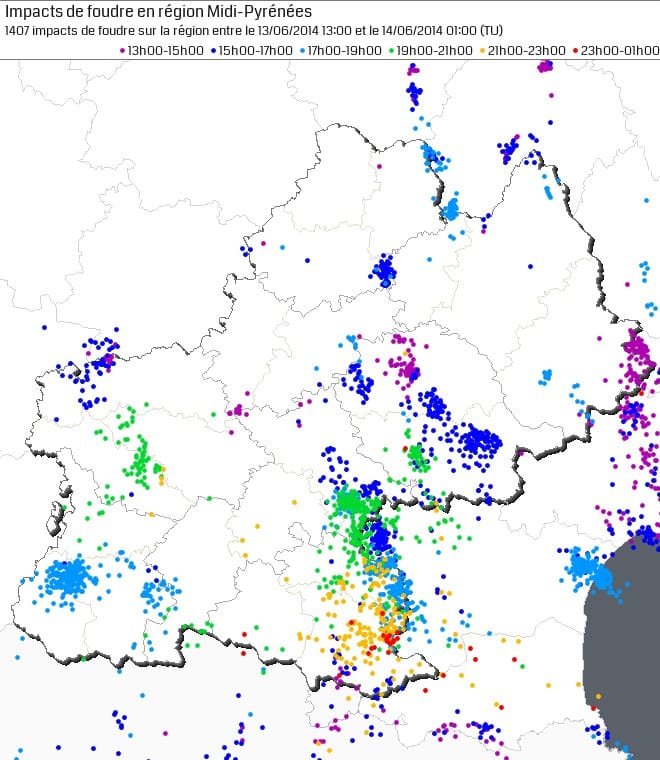 Activité foudre sur Midi-Pyrénées le 13 juin entre 14h et 01h loc. - KERAUNOS