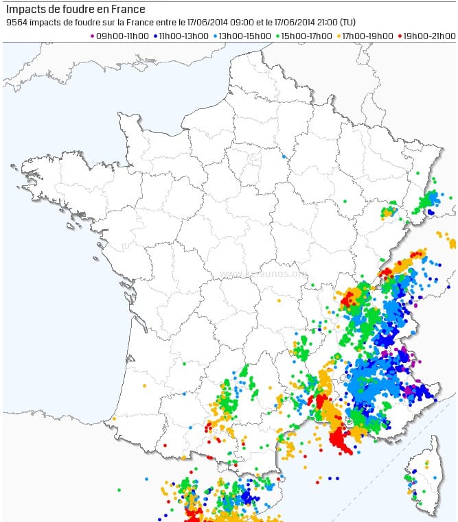 Impacts de foudre détectés en France le 17 juin 2014. (c) KERAUNOS