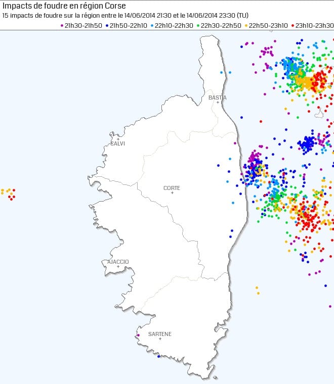 Impacts de foudre détectés en Corse le 14 juin 2014, entre 23h00 et 01h00 locales (le 25). (c) KERAUNOS
