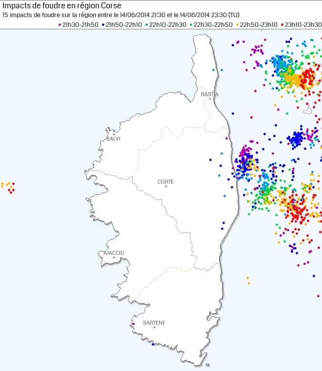 Impacts de foudre détectés en Corse le 14 juin 2014, entre 23h00 et 01h00 locales (le 25). (c) KERAUNOS Impacts de foudre détectés en Corse le 14 juin 2014, entre 23h00 et 01h00 locales (le 25). (c) KERAUNOS