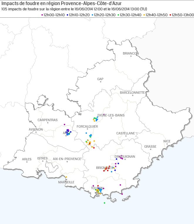 Activité foudre en région PACA, le 7 avril 2014 entre 14h00 et 15h00 locales. (c) KERAUNOS Activité foudre en région PACA, le 7 avril 2014 entre 14h00 et 15h00 locales. (c) KERAUNOS