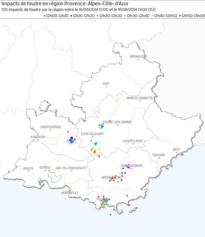 Activité foudre en région PACA, le 7 avril 2014 entre 14h00 et 15h00 locales. (c) KERAUNOS