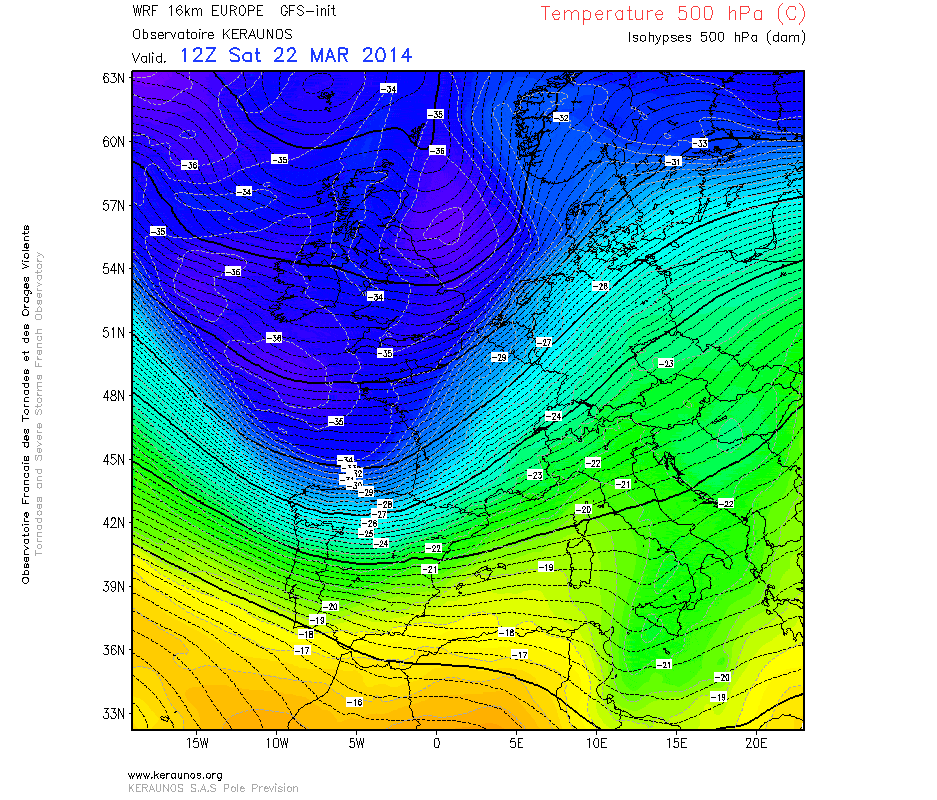 Températures à 500 hPa simulée par WRF 16 km Europe - run du 22 mars 6z Températures à 500 hPa simulée par WRF 16 km Europe - run du 22 mars 6z
