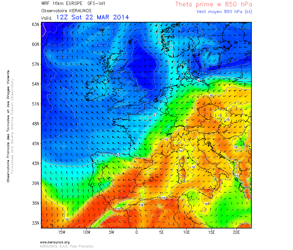 Thêta'w à 850 hPa simulées par WRF 16 km Europe - run du 22 mars 6z Thêta'w à 850 hPa simulées par WRF 16 km Europe - run du 22 mars 6z
