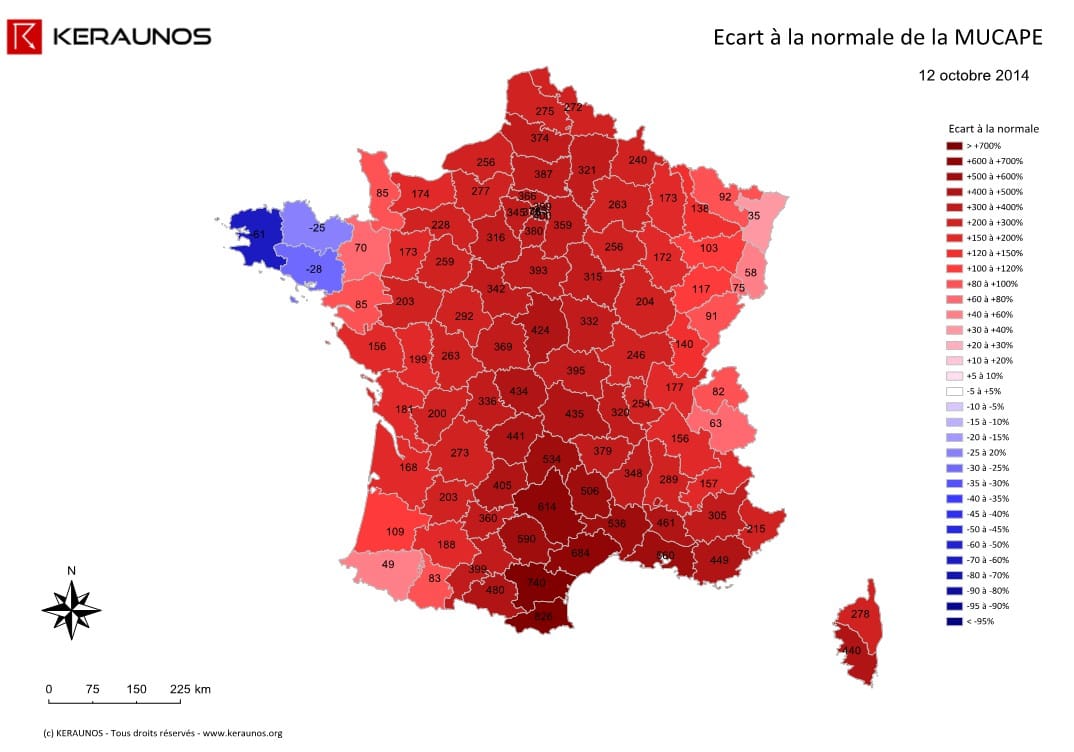 Ecart à la normale de la MUCAPE sur la France pour un 12 octobre