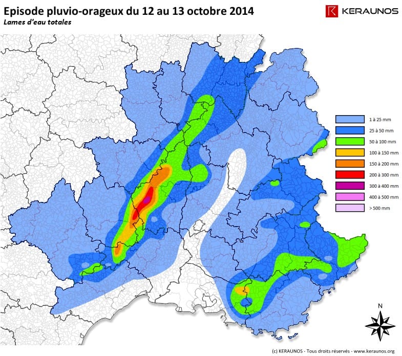 Cumuls de pluie relevés les 12 et 13 octobre - Données Météo France et Hydroreel