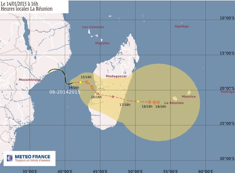 Trajectoire du système cyclonique probablement baptisée Chedza au fil de son déplacement - Mercredi 14 janvier 2015 (Météo-France)