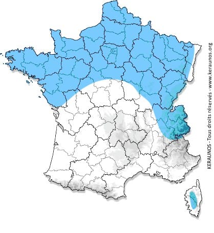 Zones soumises à un risque de phénomènes convectifs neigeux entre jeudi et vendredi. © KERAUNOS Zones soumises à un risque de phénomènes convectifs neigeux entre jeudi et vendredi. © KERAUNOS