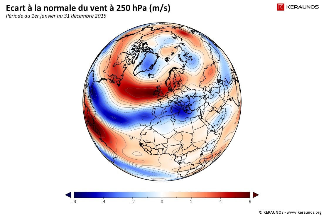 Anomalie du vent zonal à 250 hPa en 2015 (m/s). (c) KERAUNOS