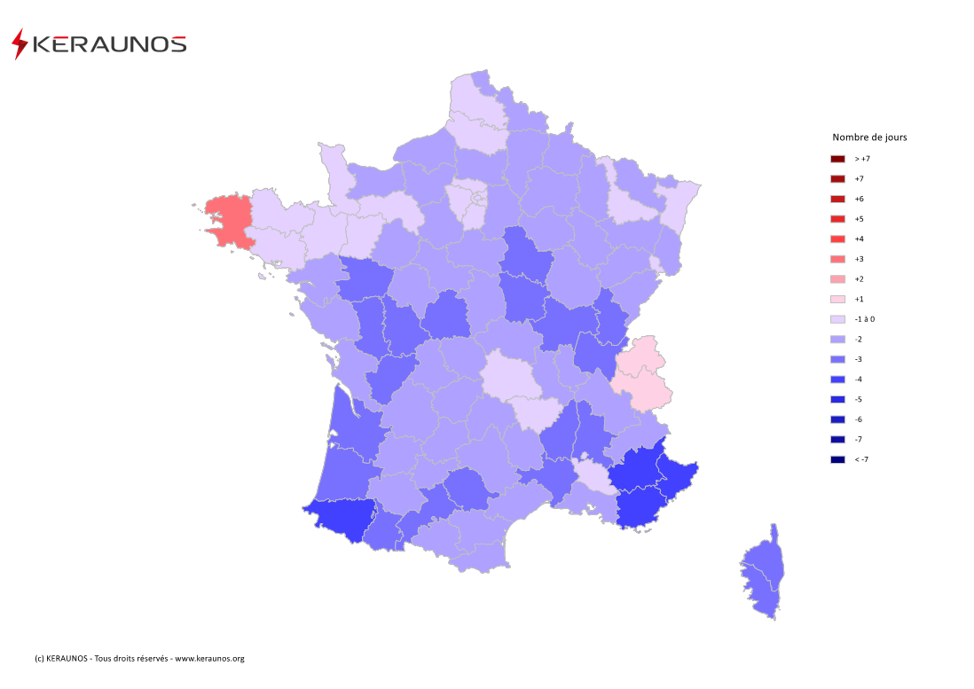 Carte Anomalie du nombre de jours avec orage (moyenne 2009-2015)