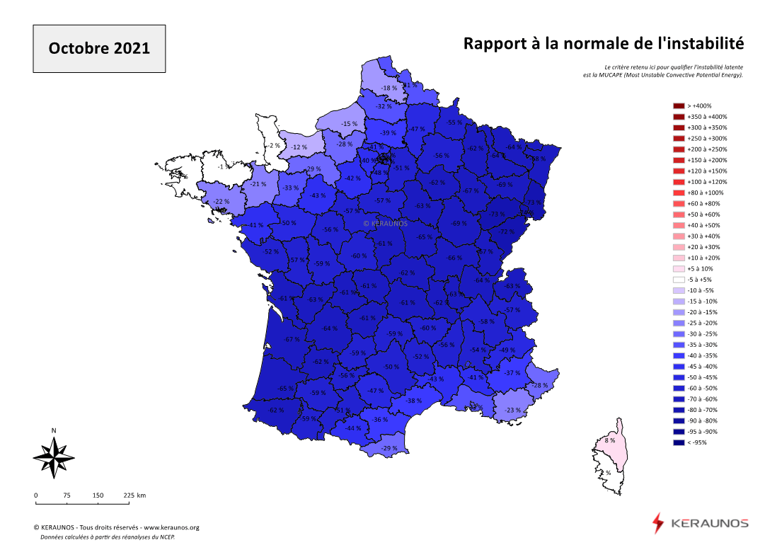 Carte Ecart à la normale de l'instabilité latente - (MUCAPE)