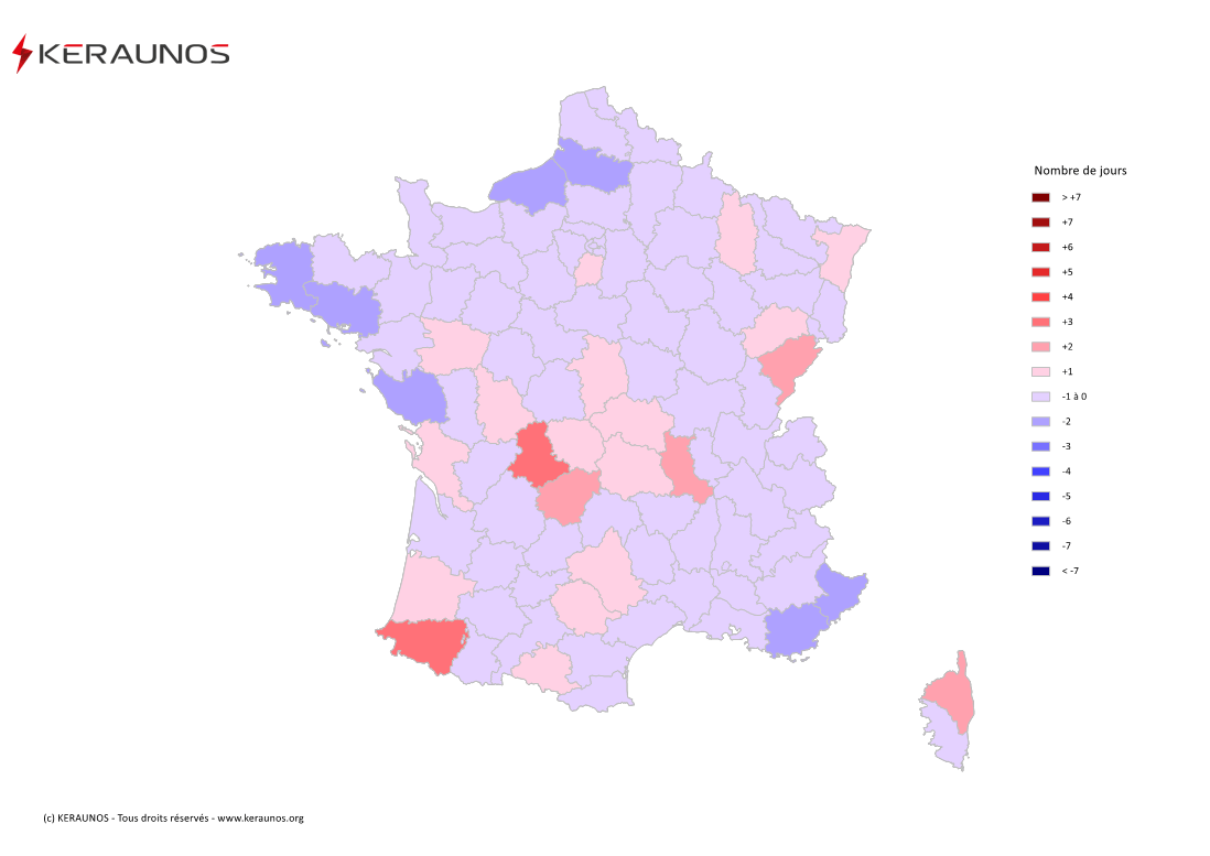 Carte Anomalie du nombre de jours avec orage (moyenne 2009-2015)