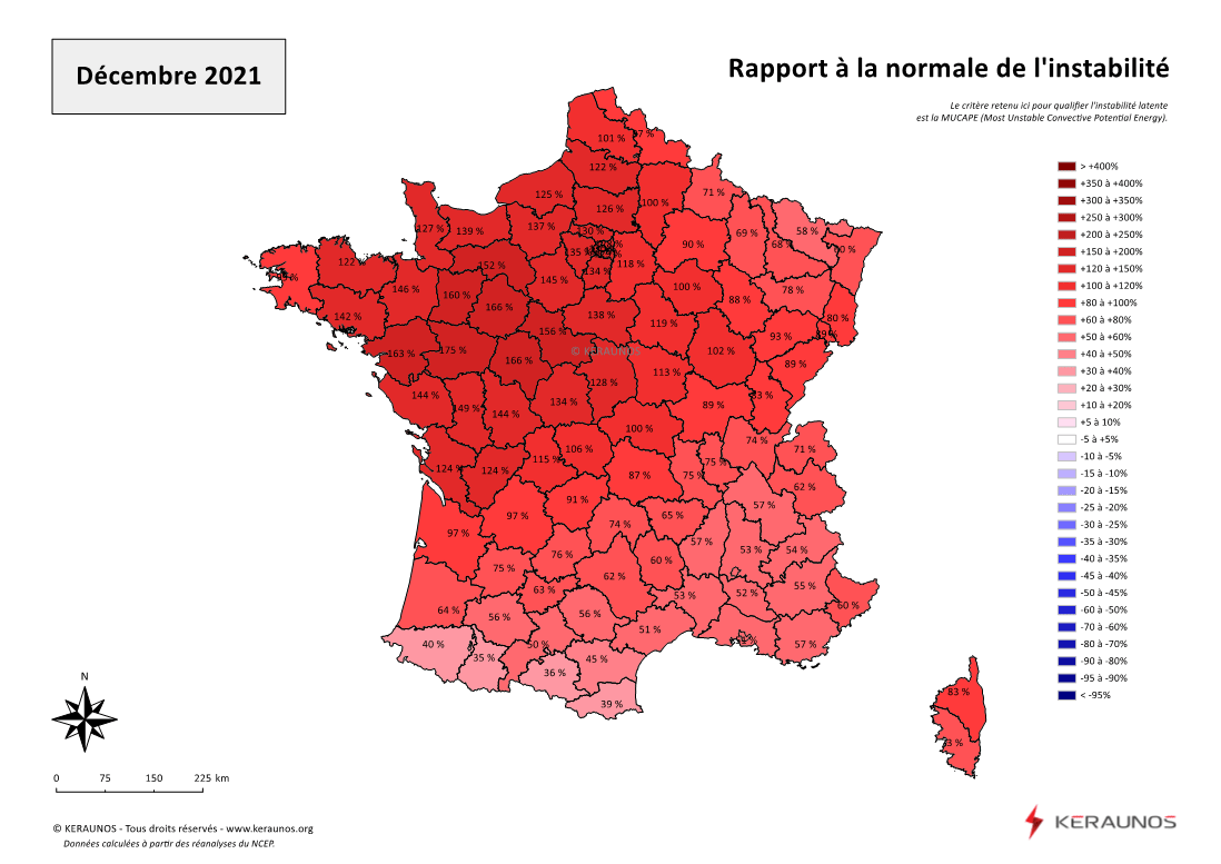 Carte Ecart à la normale de l'instabilité latente - (MUCAPE)