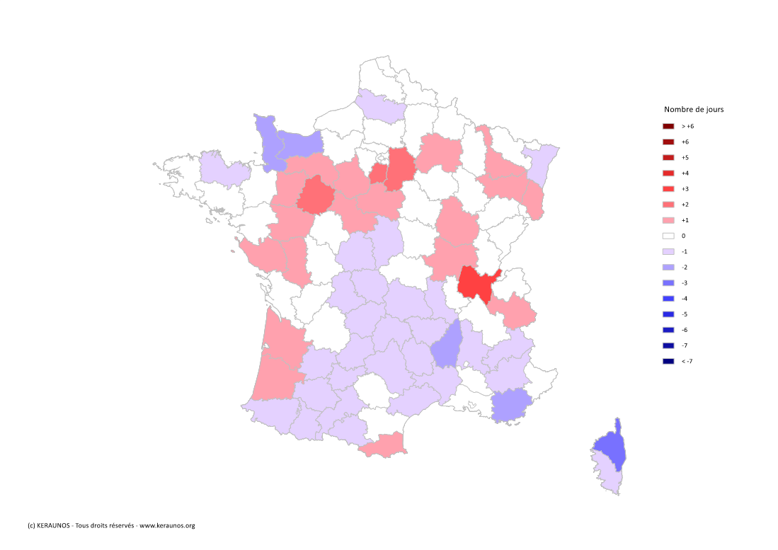 Carte Anomalie du nombre de jours avec orage (moyenne 2009-2015)