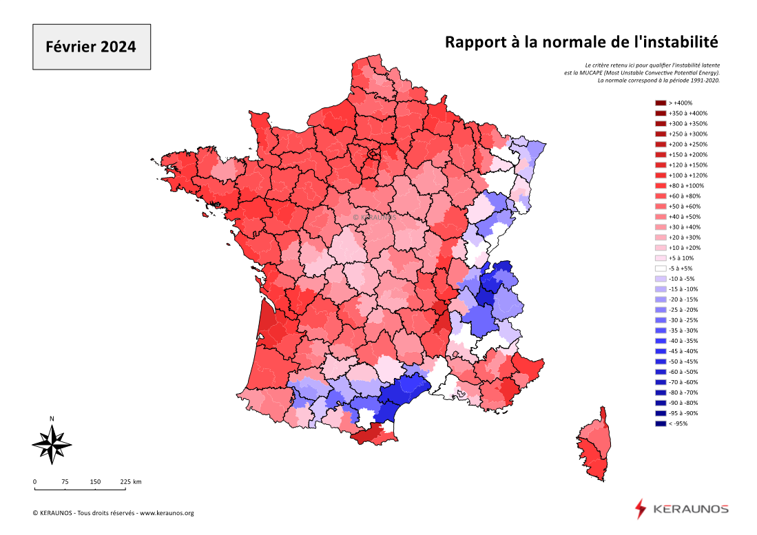 Carte Ecart à la normale de l'instabilité latente - (MUCAPE)