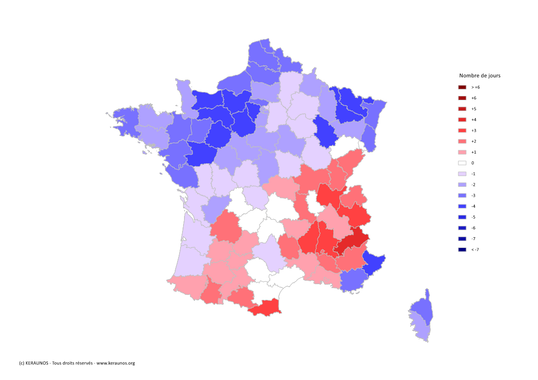 Carte Anomalie du nombre de jours avec orage (moyenne 2009-2015)