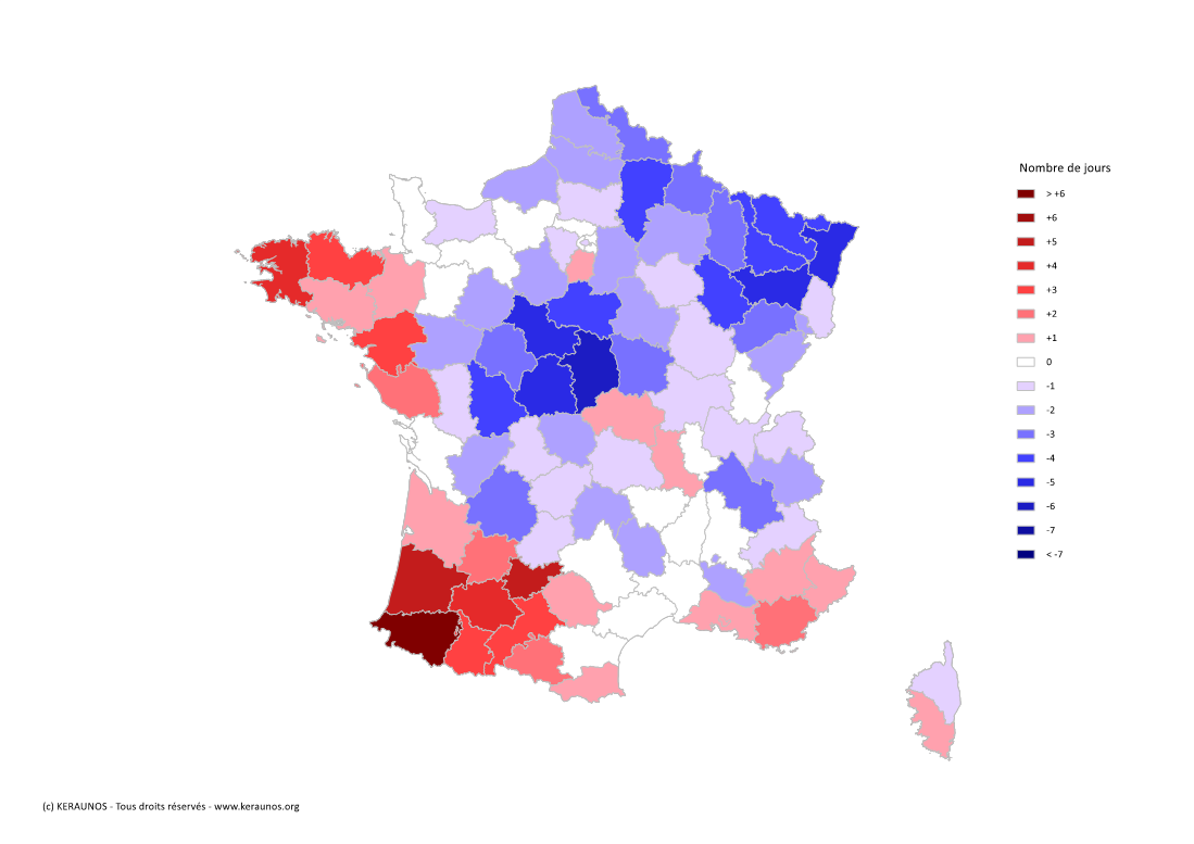 Carte Anomalie du nombre de jours avec orage (moyenne 2009-2015)