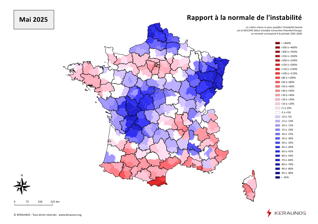 Carte Ecart à la normale de l'instabilité latente - (MUCAPE)