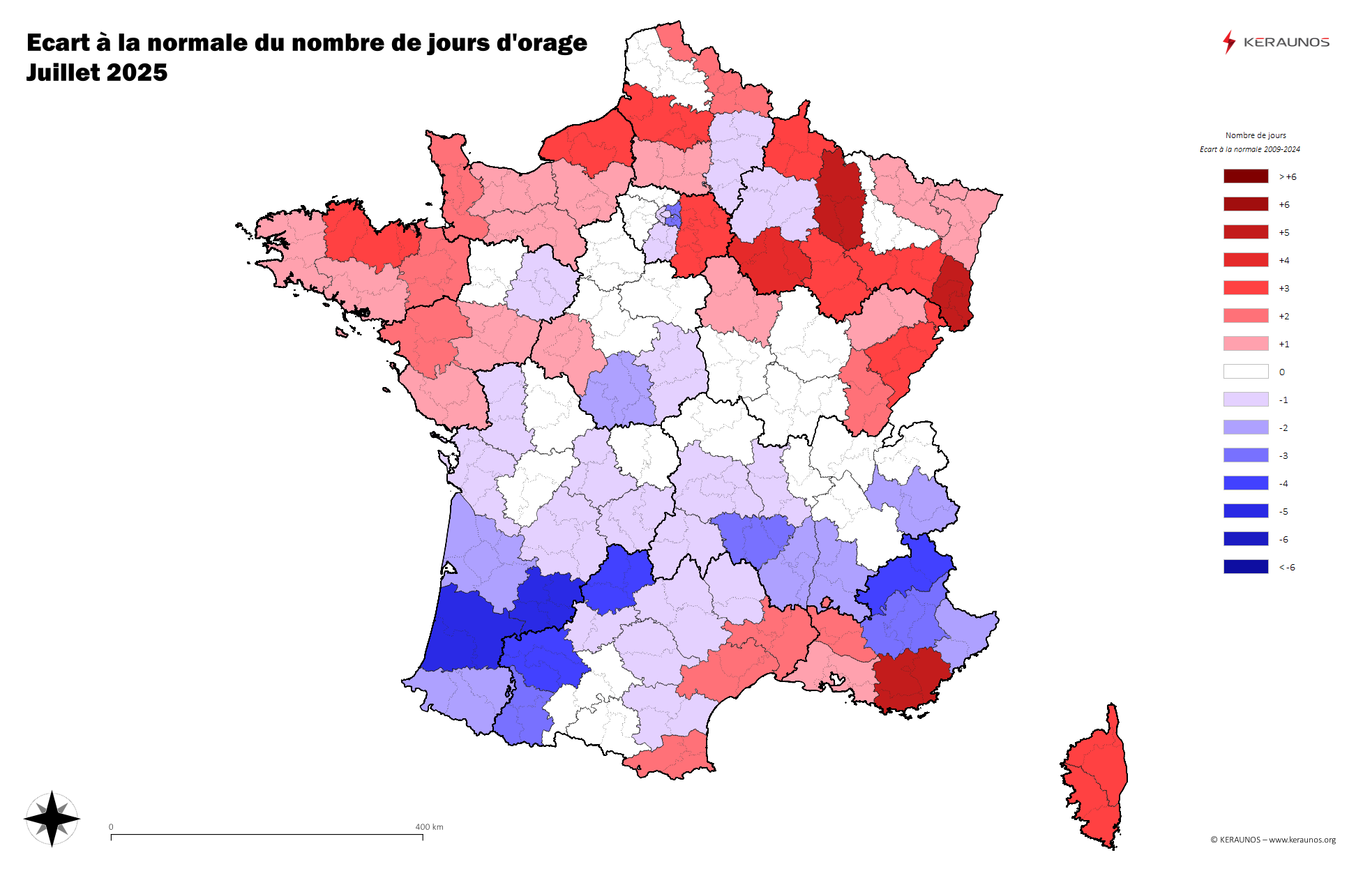 Carte Anomalie du nombre de jours avec orage (moyenne 2009-2015)