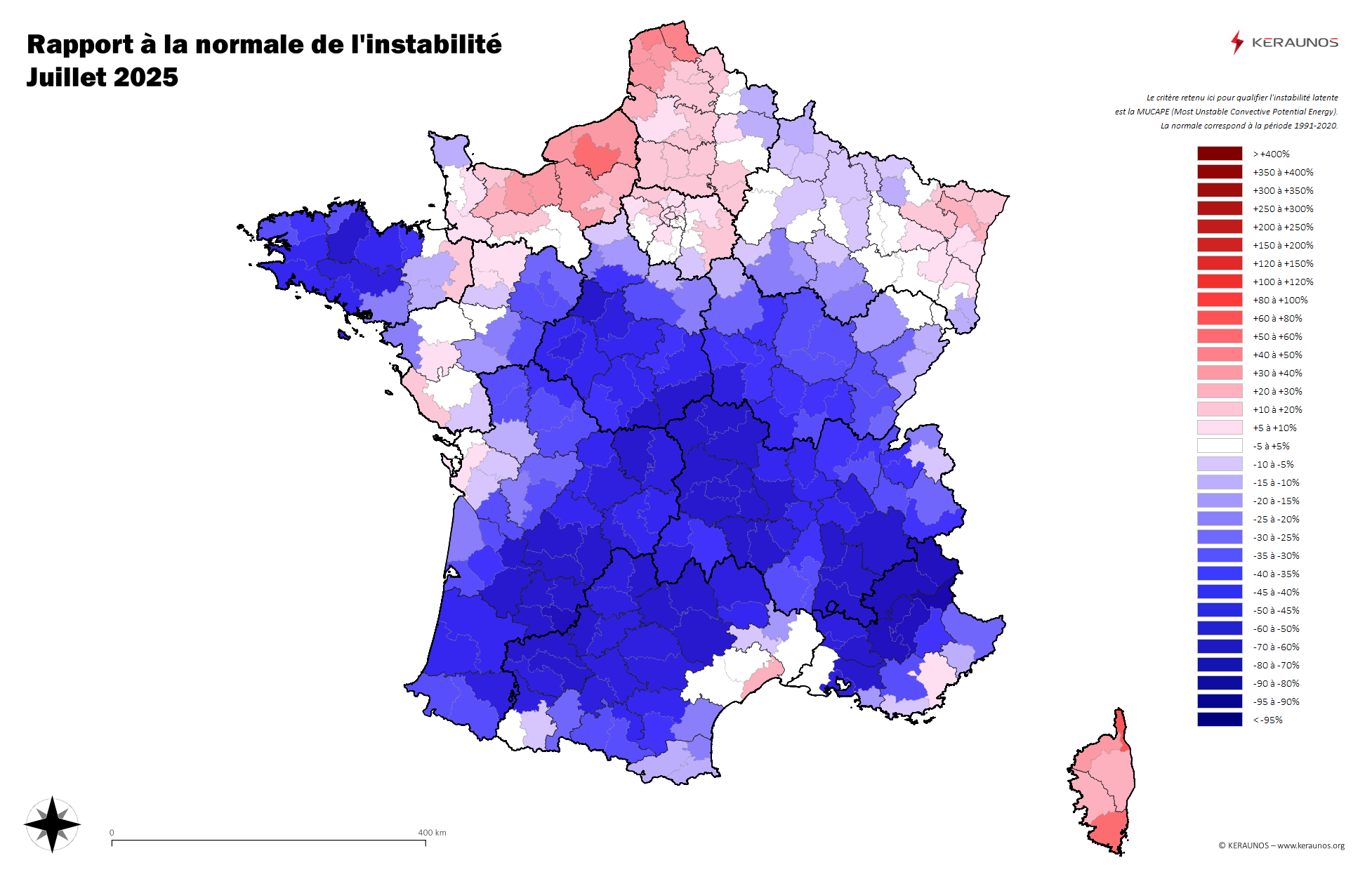 Carte Ecart à la normale de l'instabilité latente - (MUCAPE)