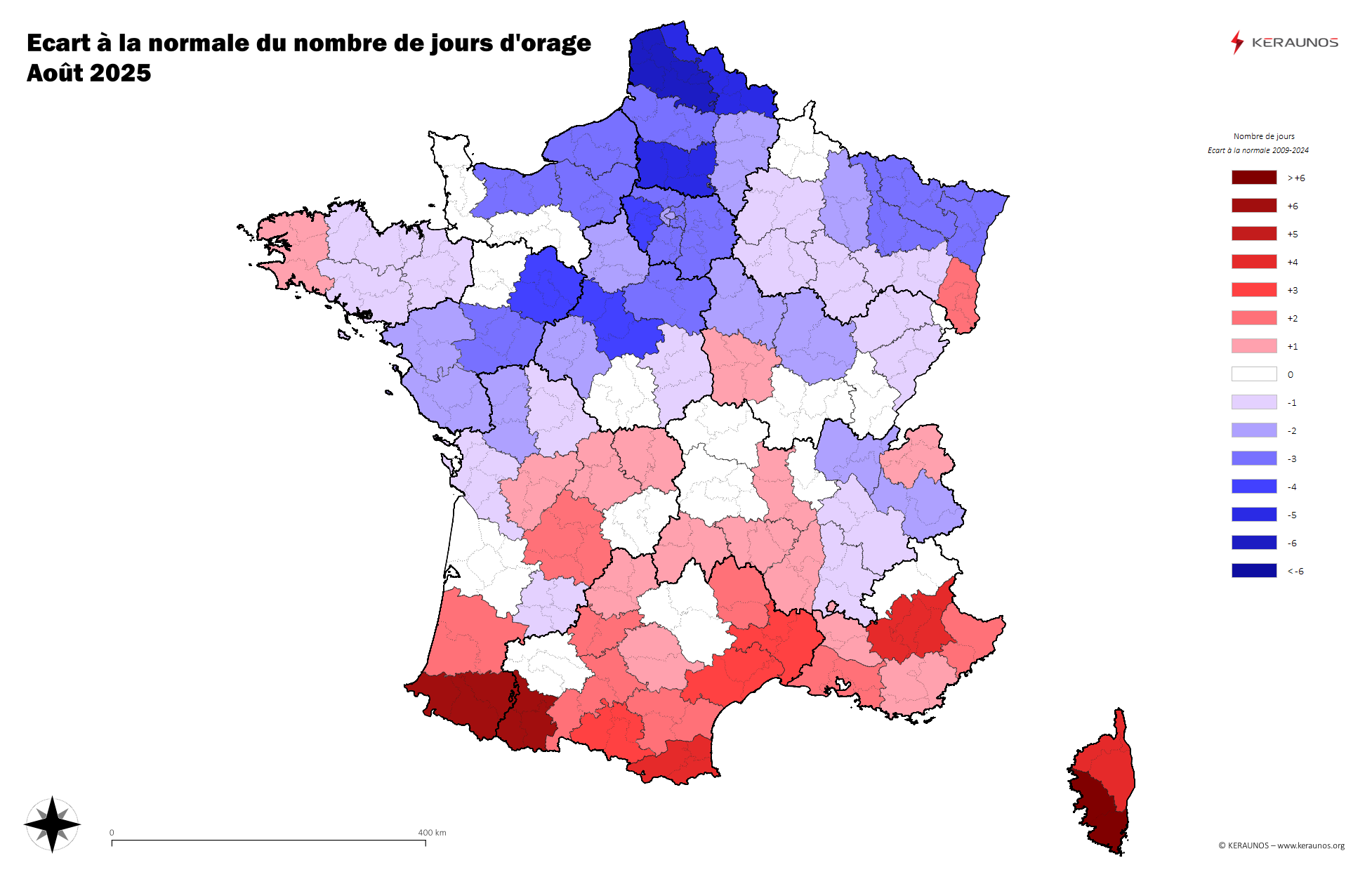 Carte Anomalie du nombre de jours avec orage (moyenne 2009-2015)