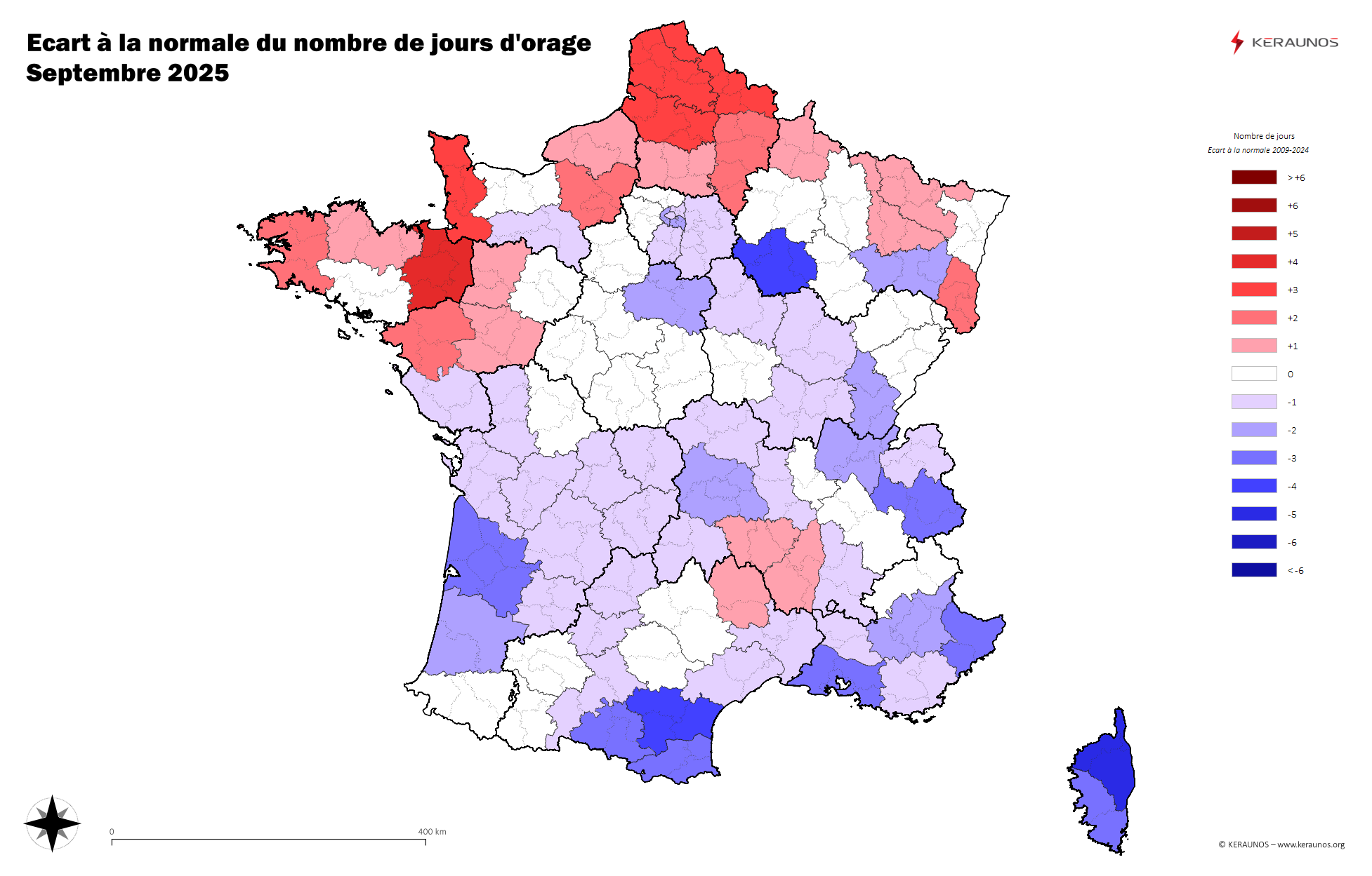 Carte Anomalie du nombre de jours avec orage (moyenne 2009-2015)