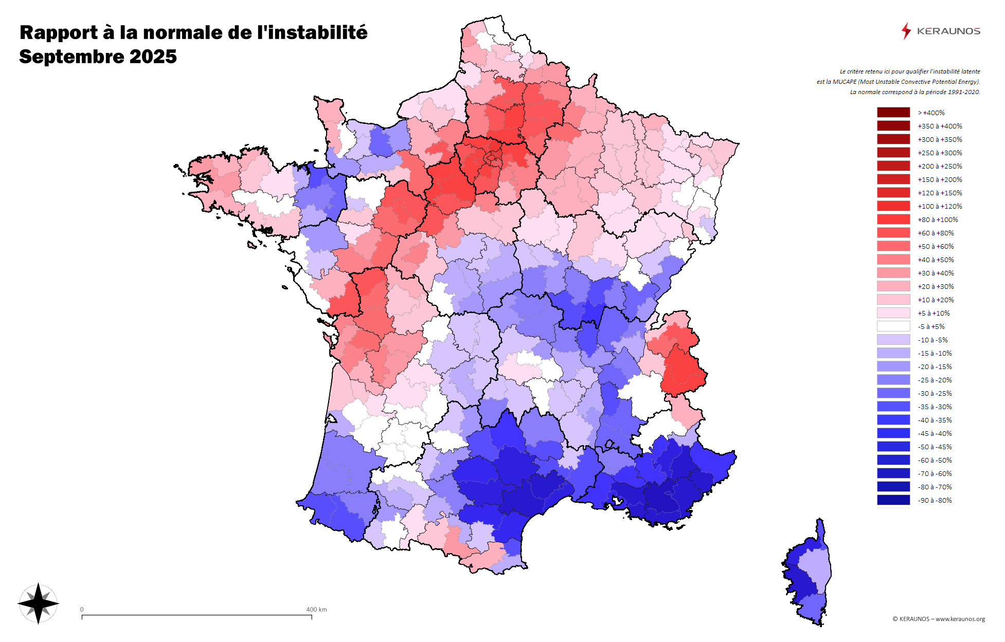 Carte Ecart à la normale de l'instabilité latente - (MUCAPE)