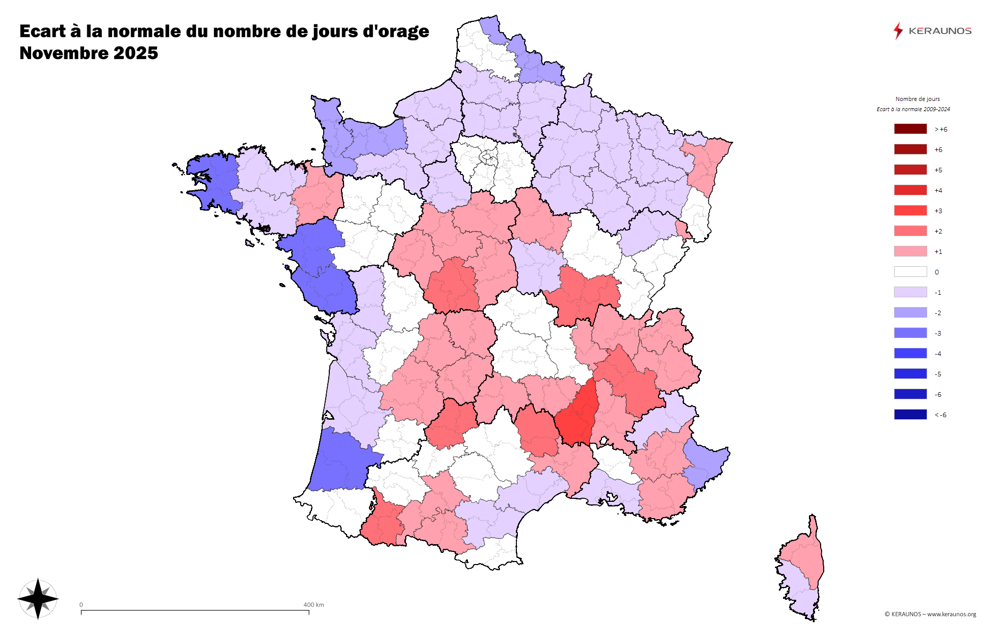 Carte Anomalie du nombre de jours avec orage (moyenne 2009-2015)