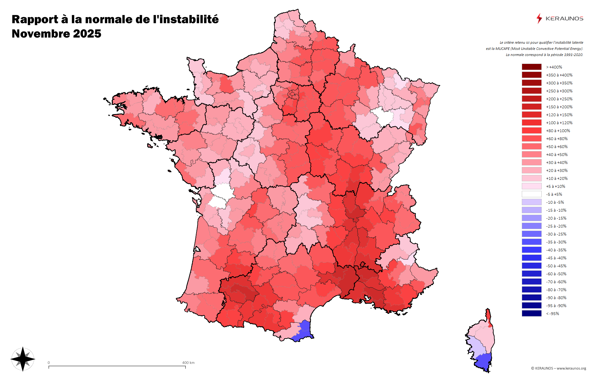 Carte Ecart à la normale de l'instabilité latente - (MUCAPE)