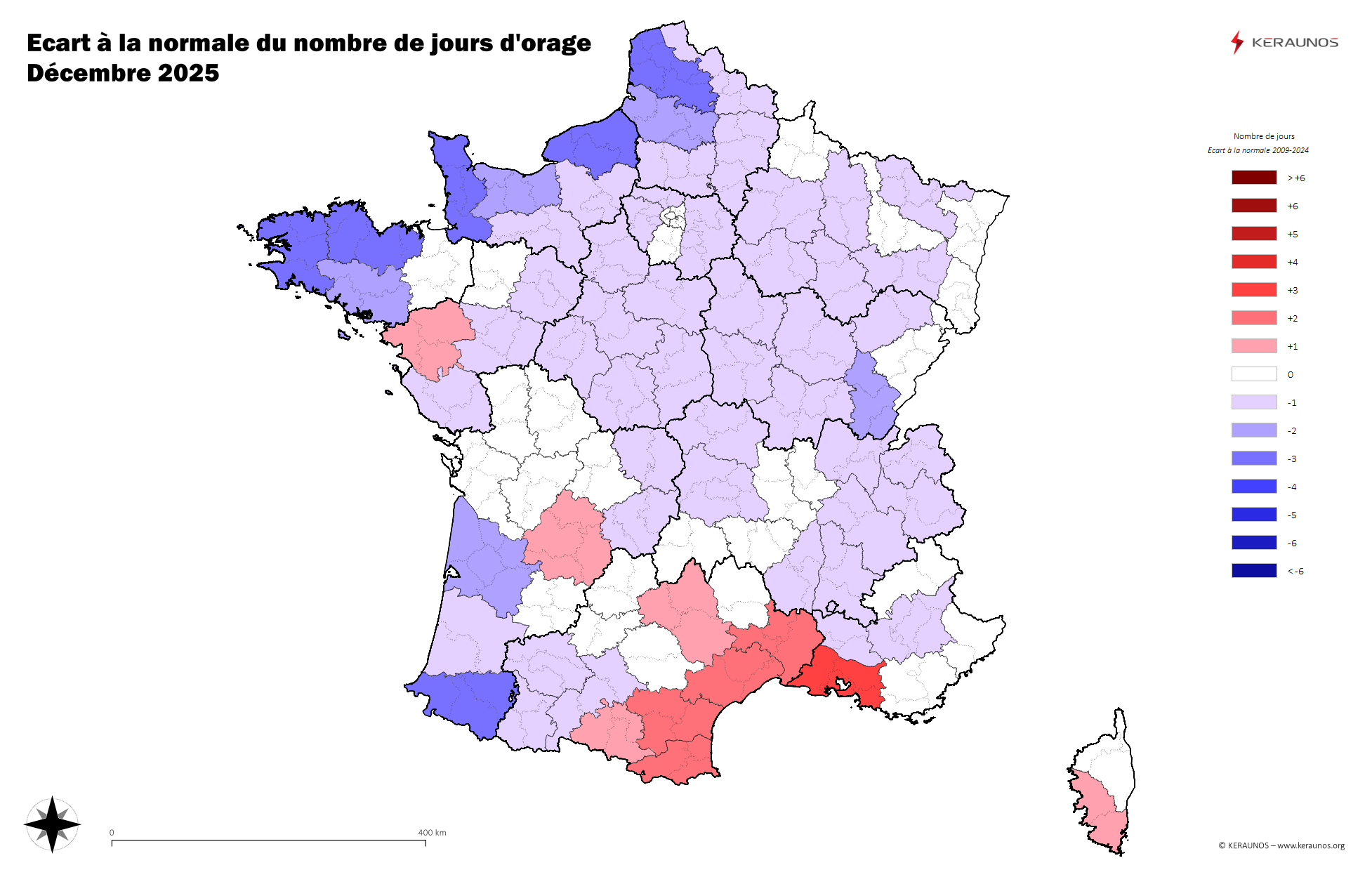 Carte Anomalie du nombre de jours avec orage (moyenne 2009-2015)