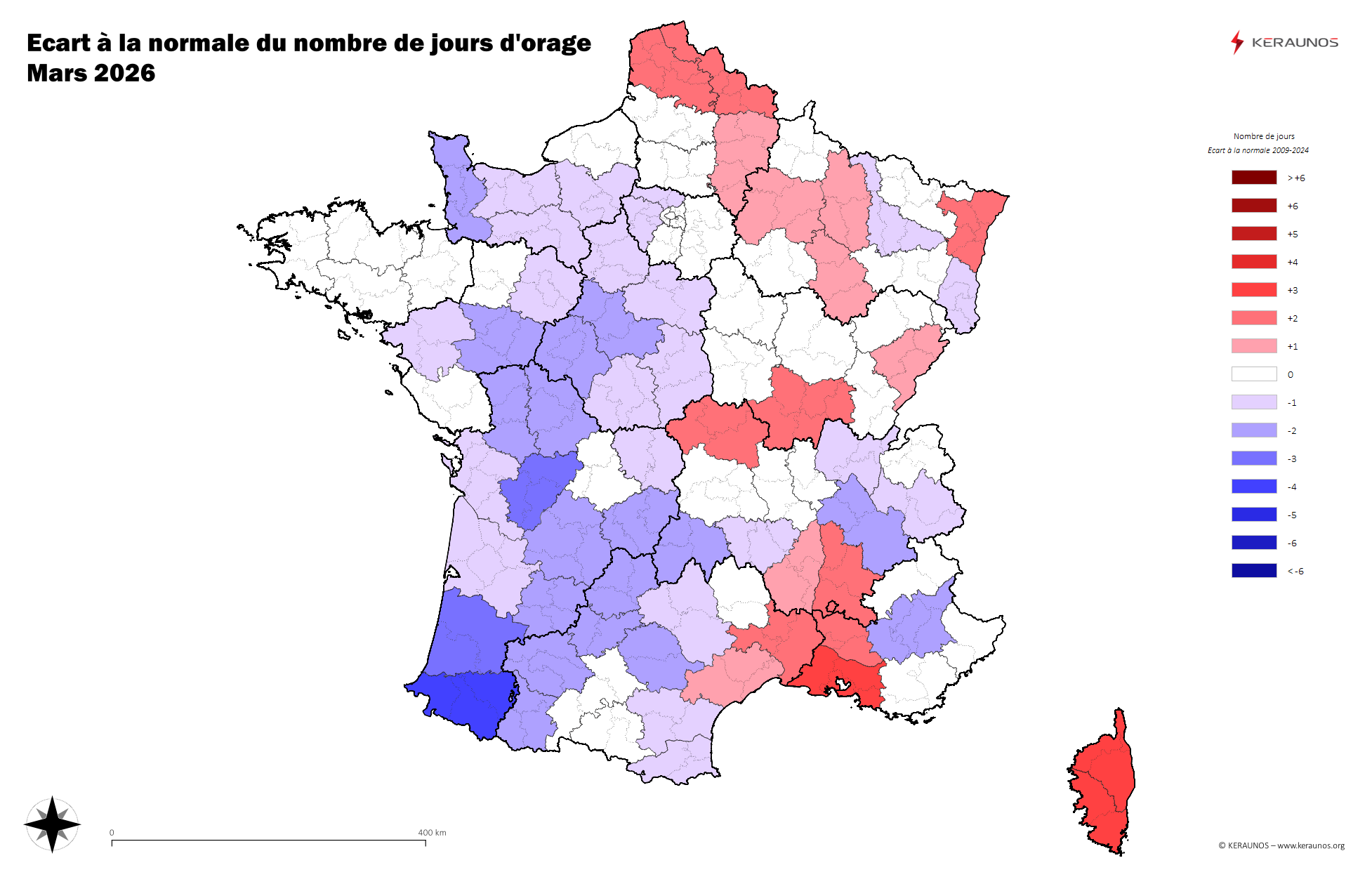 Carte Anomalie du nombre de jours avec orage (moyenne 2009-2015)