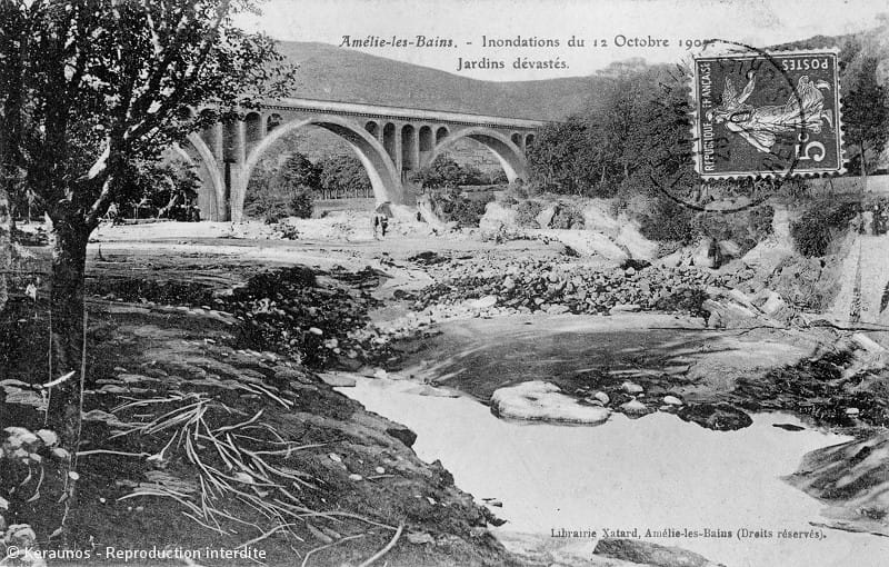 AMÉLIE-LES-BAINS-PALALDA (Pyrénées-Orientales) - Crue du Tech et catastrophe du 12 octobre 1907. Jardins dévastés. © Keraunos