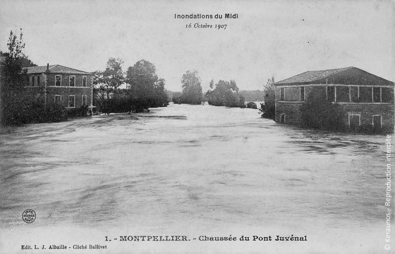 MONTPELLIER (Hérault) - Crue du Lez des 15-16 octobre 1907. Avenue du pont Juvénal le 16 octobre. © Keraunos